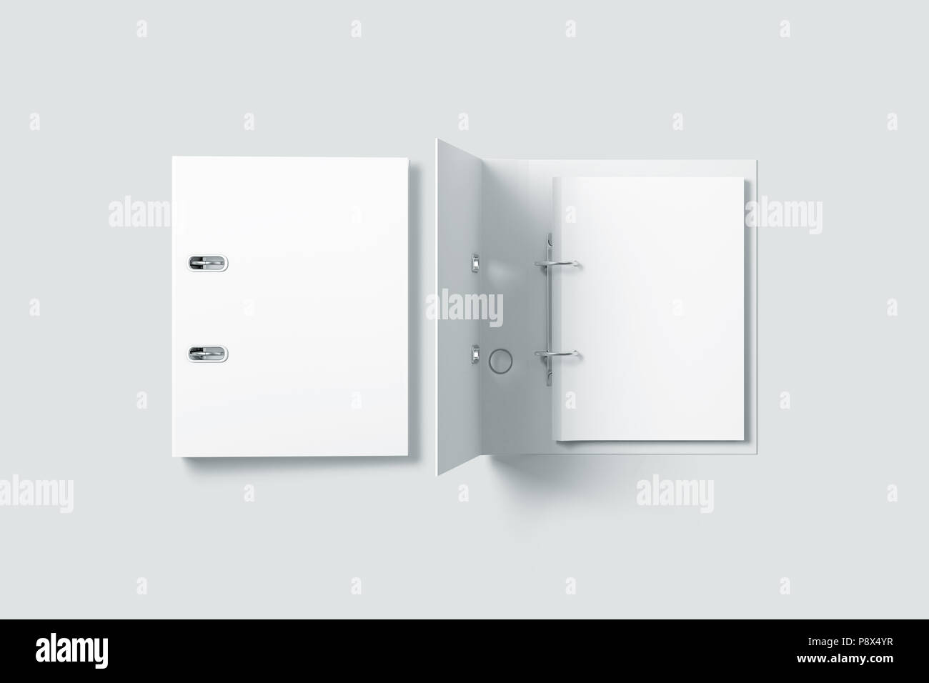 Blank white ring binder cartella design mockup vista superiore, rendering 3d. Auto-legante mock up con la pila di carta di formato A4. Forniture per ufficio cartella di cartone brandi Foto Stock