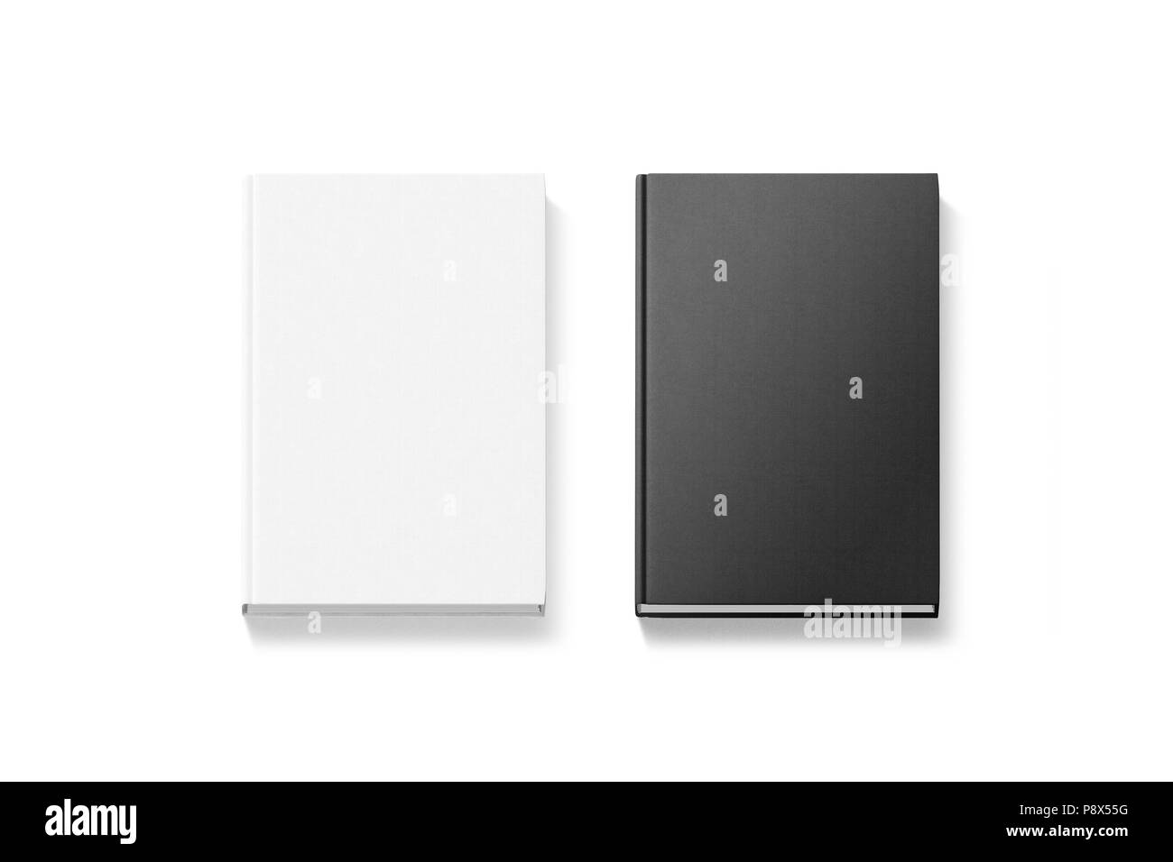 Vuoto in bianco e nero tissutali libri a copertina rigida mock up, vista dall'alto, rendering 3d. Svuotare il coperchio del notebook mockups, isolata. Bookstore modello di branding. Foto Stock