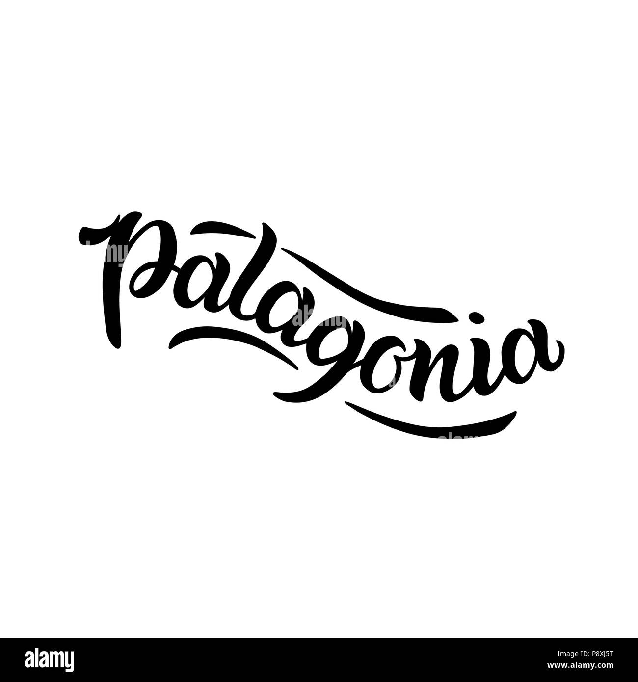 Il logo della città isolata su bianco. Etichetta Nera o il logotipo. Vintage calligrafia badge in stile grunge. Grande per t-shirt o poster, Patagonia, Sud Americ Foto Stock