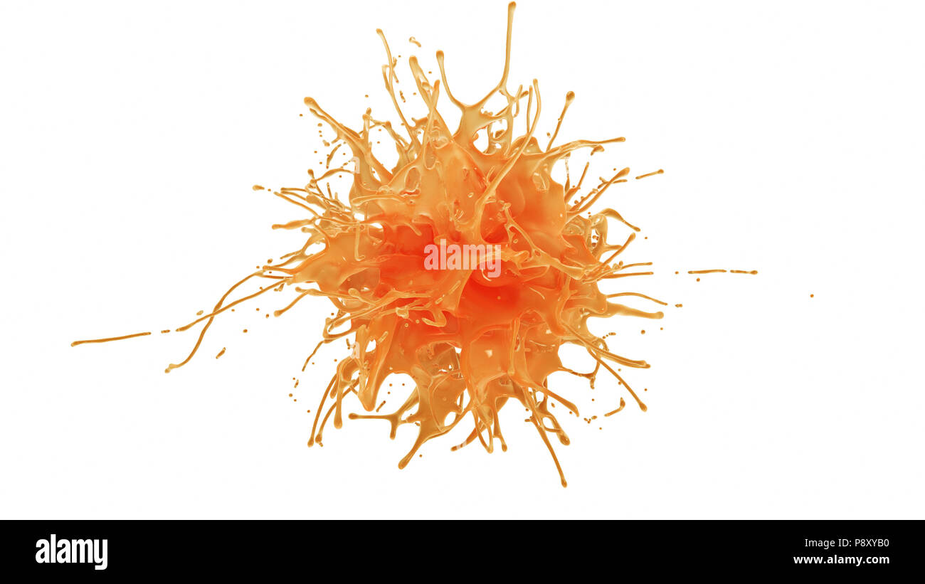 Arancione o succo di pompelmo esplosione in slow motion. 3D illustrazione di frutta gocce di liquido splash isolato su bianco. 4K giallo e lo sfondo arancione Foto Stock