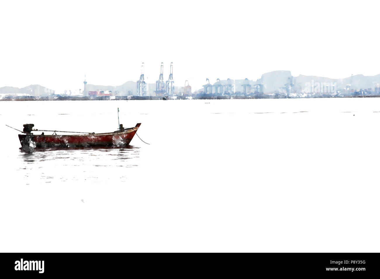 Barca da pesca e posteriore raffineria di olio sulla pittura ad acquerello sfondo. Foto Stock