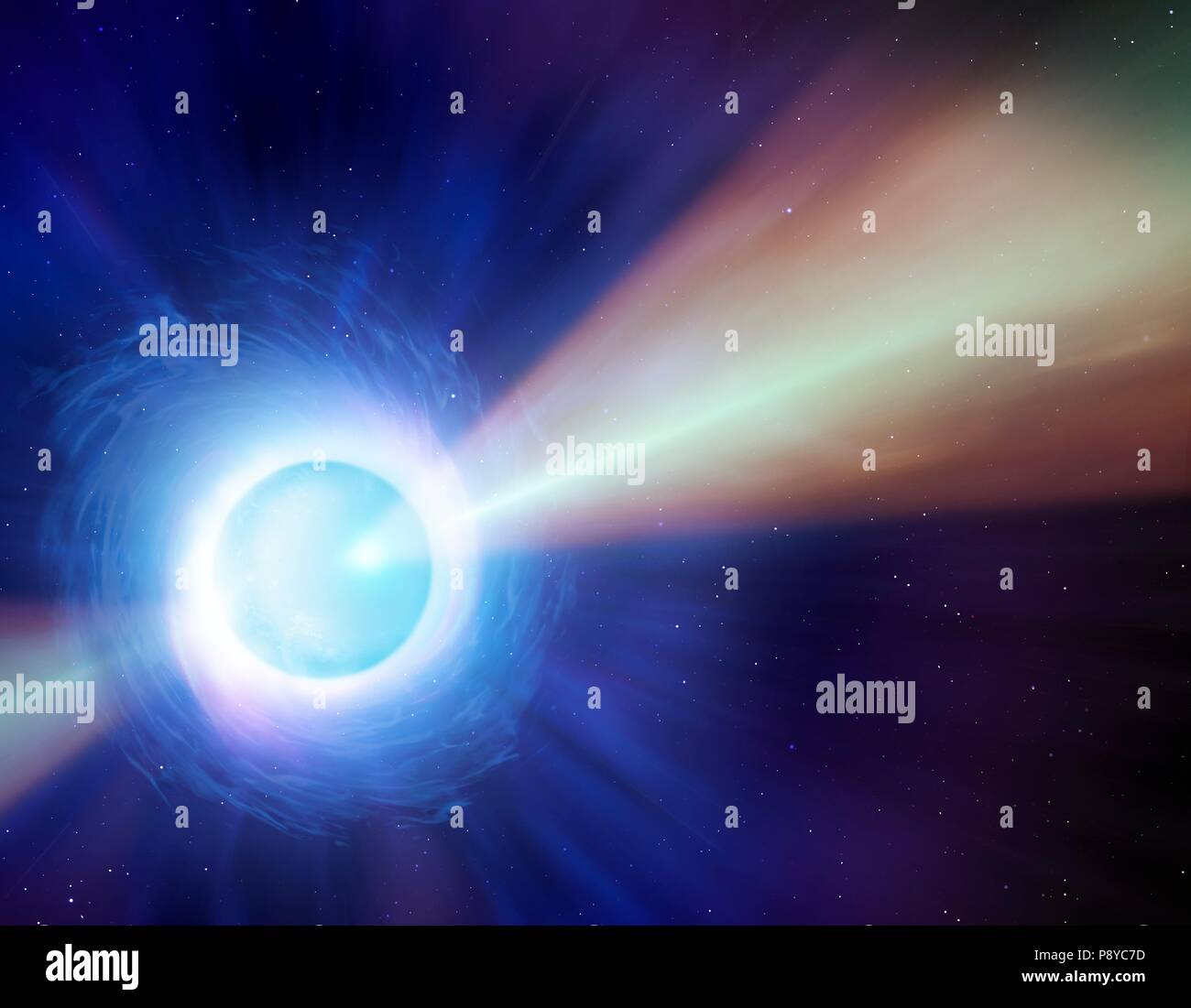 Computer illustrazione che mostra una nuova pulsar appena una frazione di secondo dopo che essa è stata formata dalla fusione di due stelle di neutroni. Un disco di materiale è visto attorno alla stella, un residuo di scampati dal processo di fusione. Alla fine si cancella. Un getto è visto che emana dalla stella di neutroni di poli magnetici. Foto Stock
