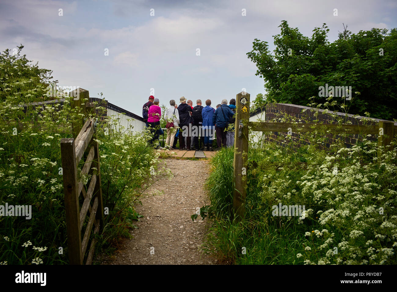 Un gruppo di persone anziane che visita la Guerra Civile Inglese battaglia sito della battaglia di Nantwich Foto Stock
