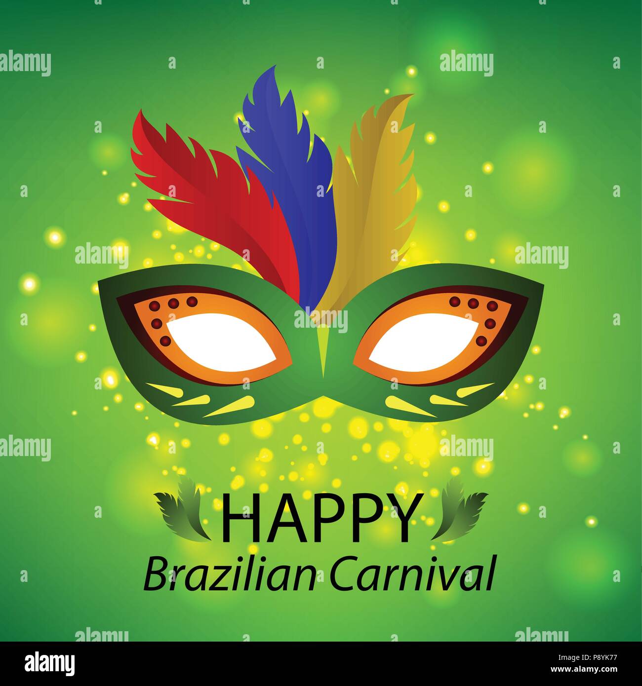 Felice brasiliano giorno di Carnevale. Green maschera di carnevale con il giallo e il rosso elementi e piume colorate sul verde sfondo lucido. Per il web design e app Illustrazione Vettoriale