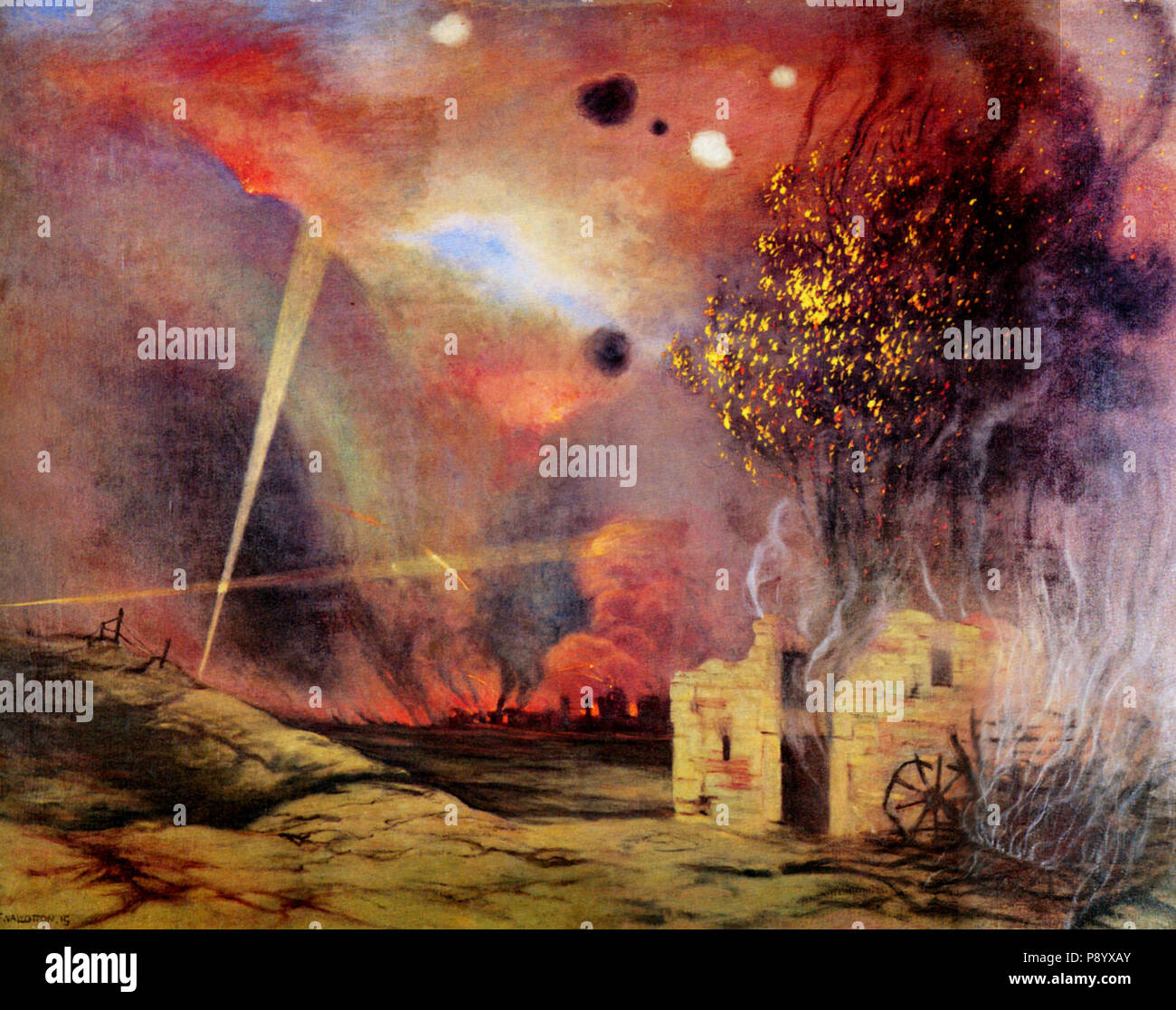 293 Félix Vallotton, 1915 - Paysage de ruines et d'incendies Foto Stock