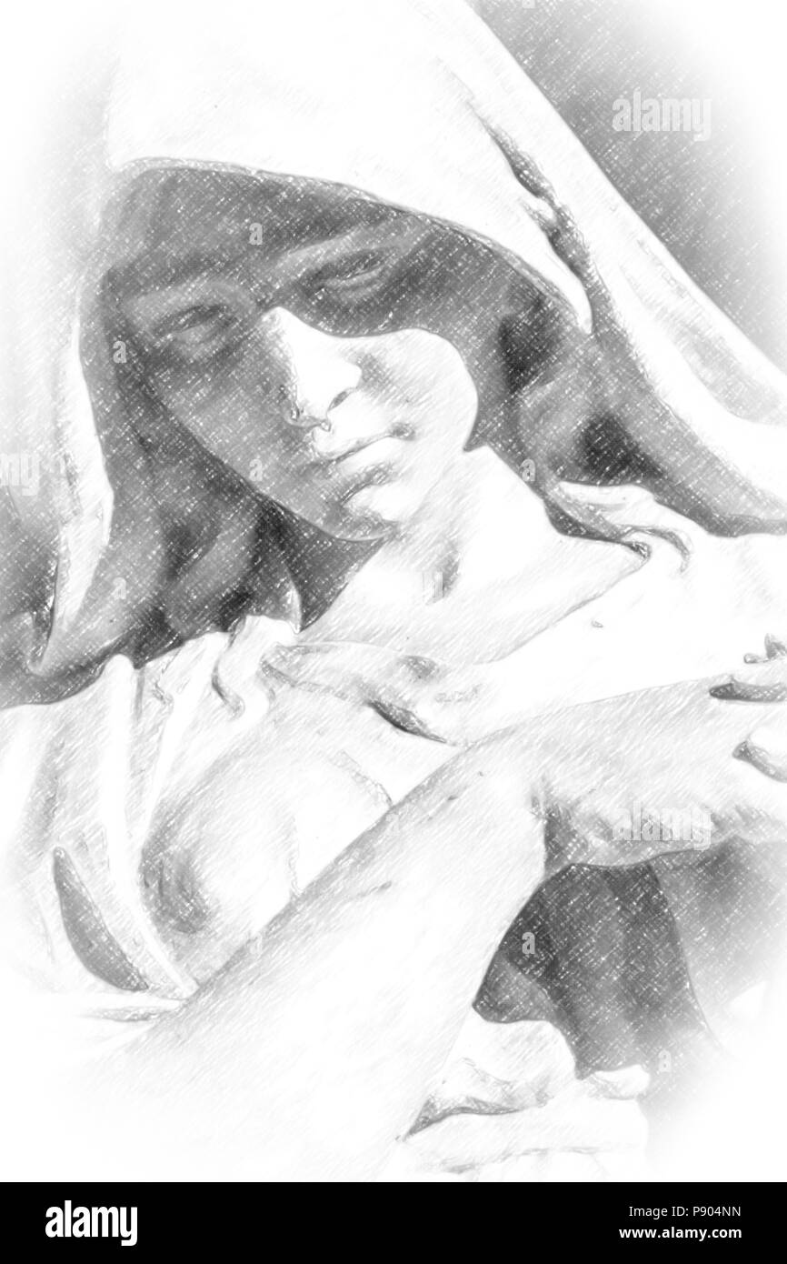 Illustrazione della statua di donna triste guardando in giù con la testa reclinata e mani unite in preghiera Foto Stock