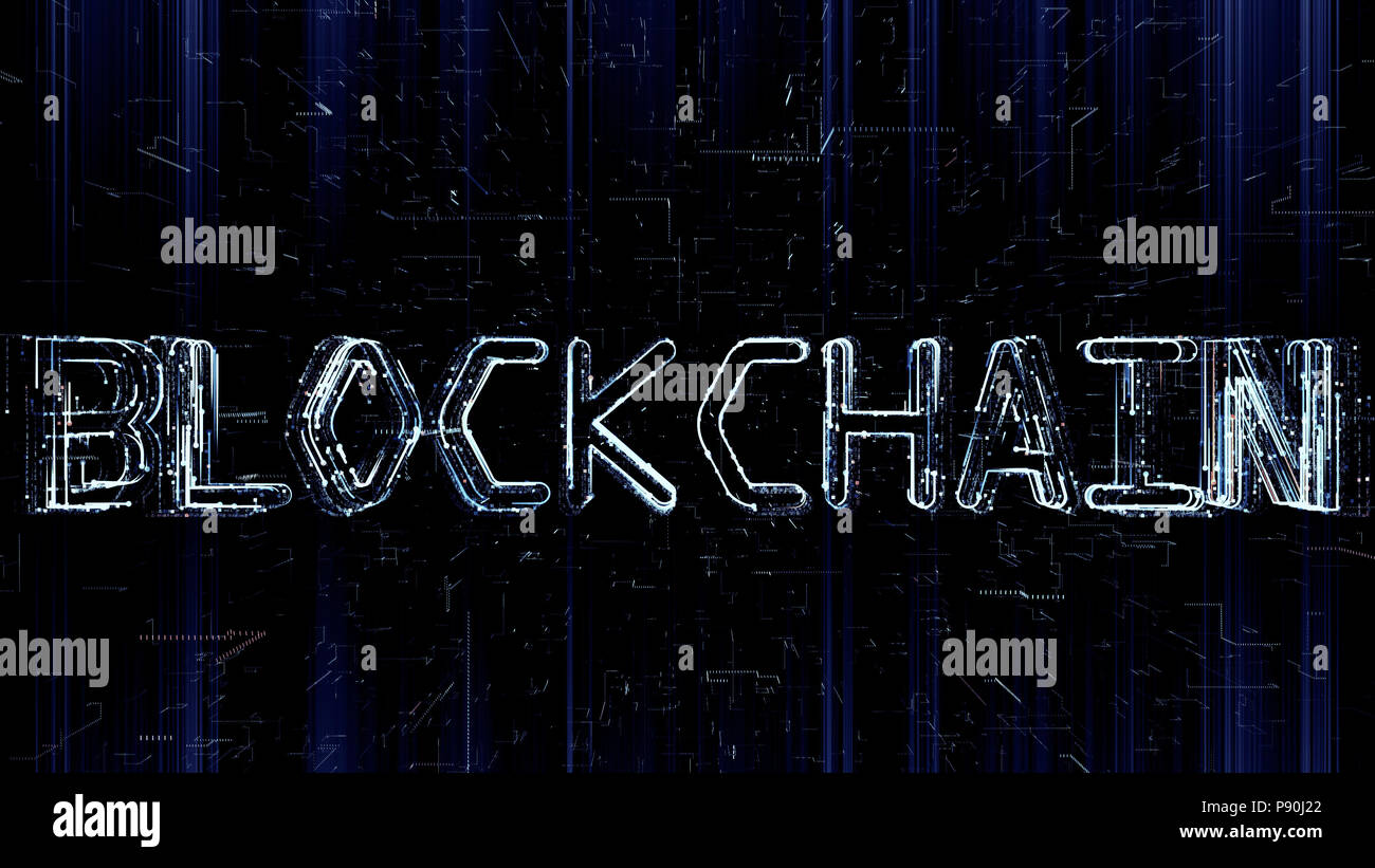 Il futuristico 3D illustrazione del testo Blockchain essendo formata da particelle e codice di programmazione sulla griglia astratta sfondo. Abstract cryptocurrency tech Foto Stock