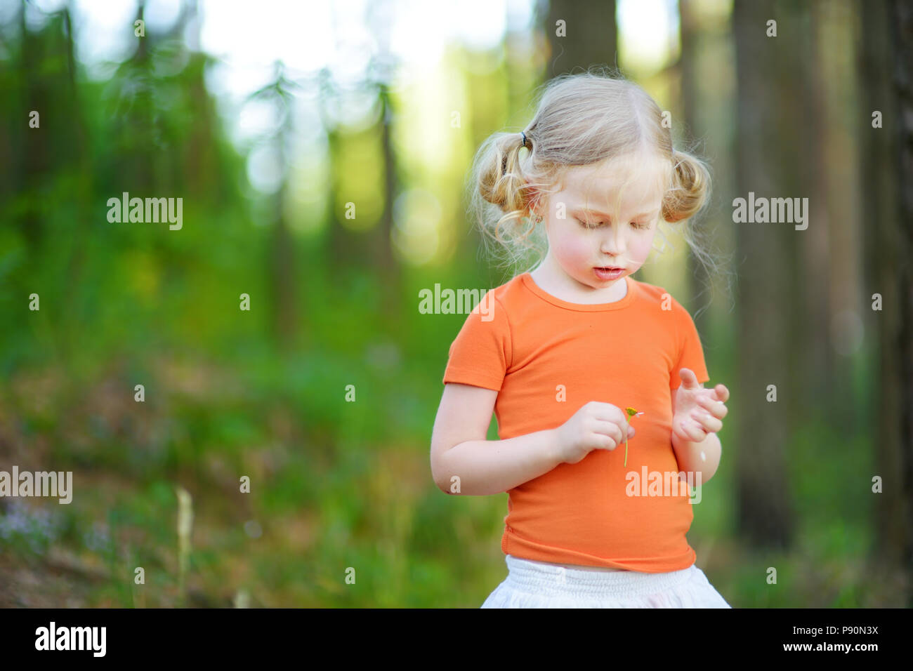 Carino bambina gioca "mi ama? Mi ama non?' daisy petalo gioco su bella giornata d'estate Foto Stock