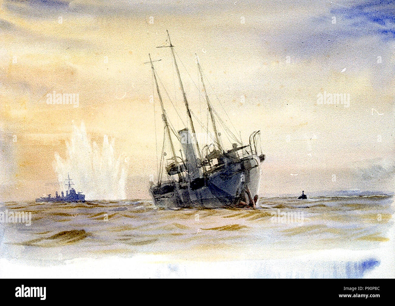 . 404 Elenco nave mercantile con un cacciatorpediniere e una profondità-carica miniera o esplodere al di là di RMG PV3453 Foto Stock