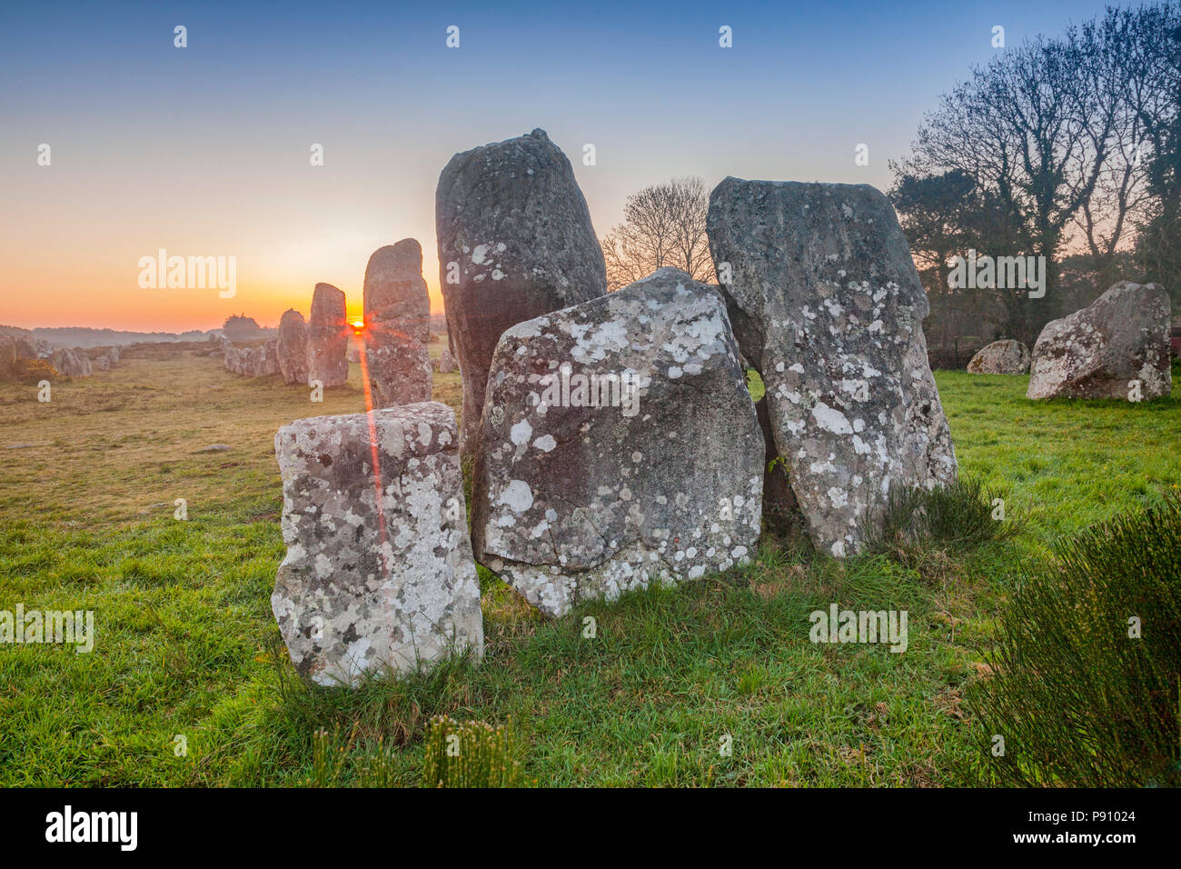 Sunrise a Carnac, Brittany, Francia, un sito Patrimonio Mondiale dell'UNESCO. Foto Stock
