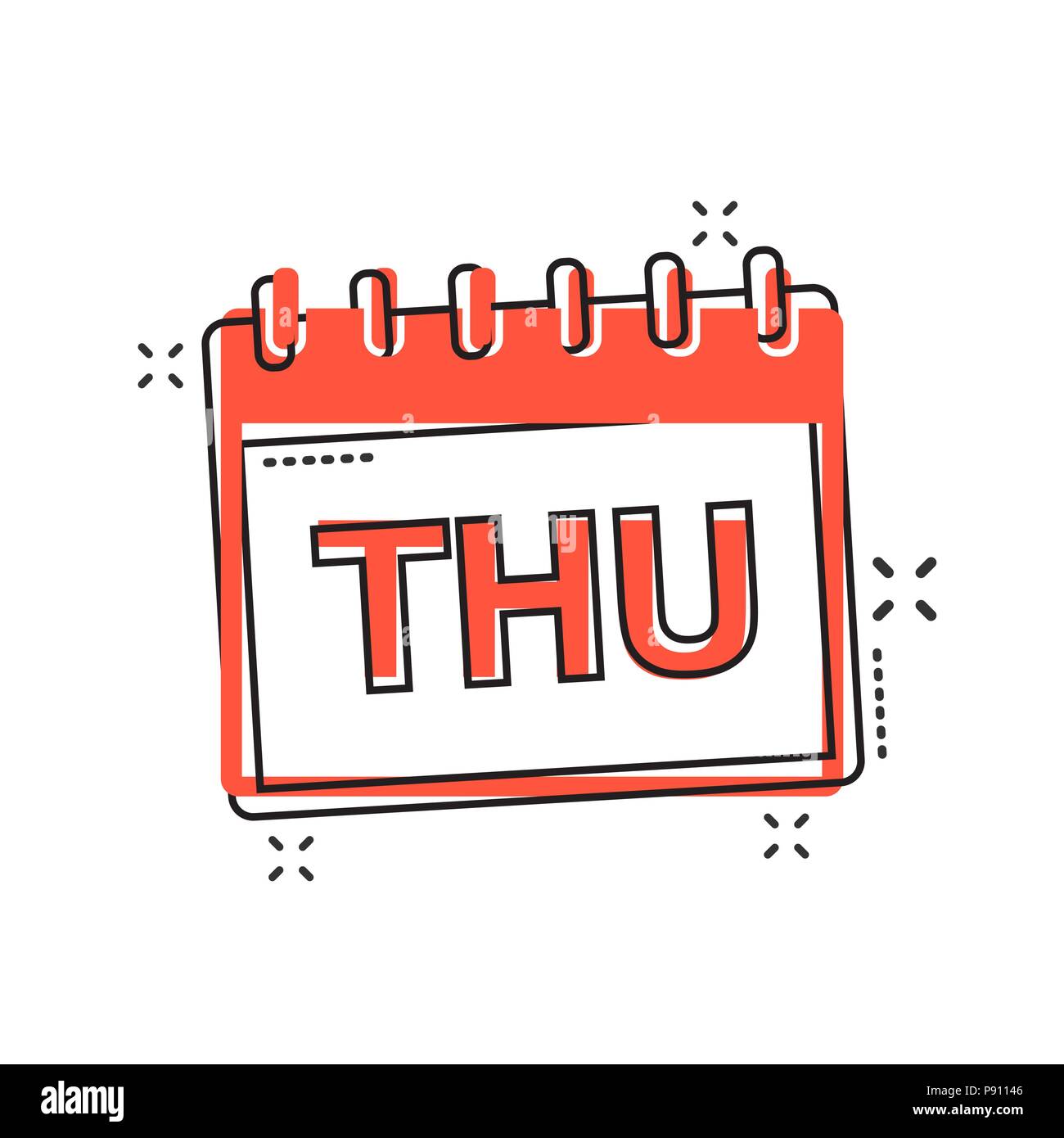 Vector cartoon giovedì calendario pagina icona in stile fumetto. Segno del calendario illustrazione pittogramma. Giovedì agenda business effetto splash concept. Illustrazione Vettoriale