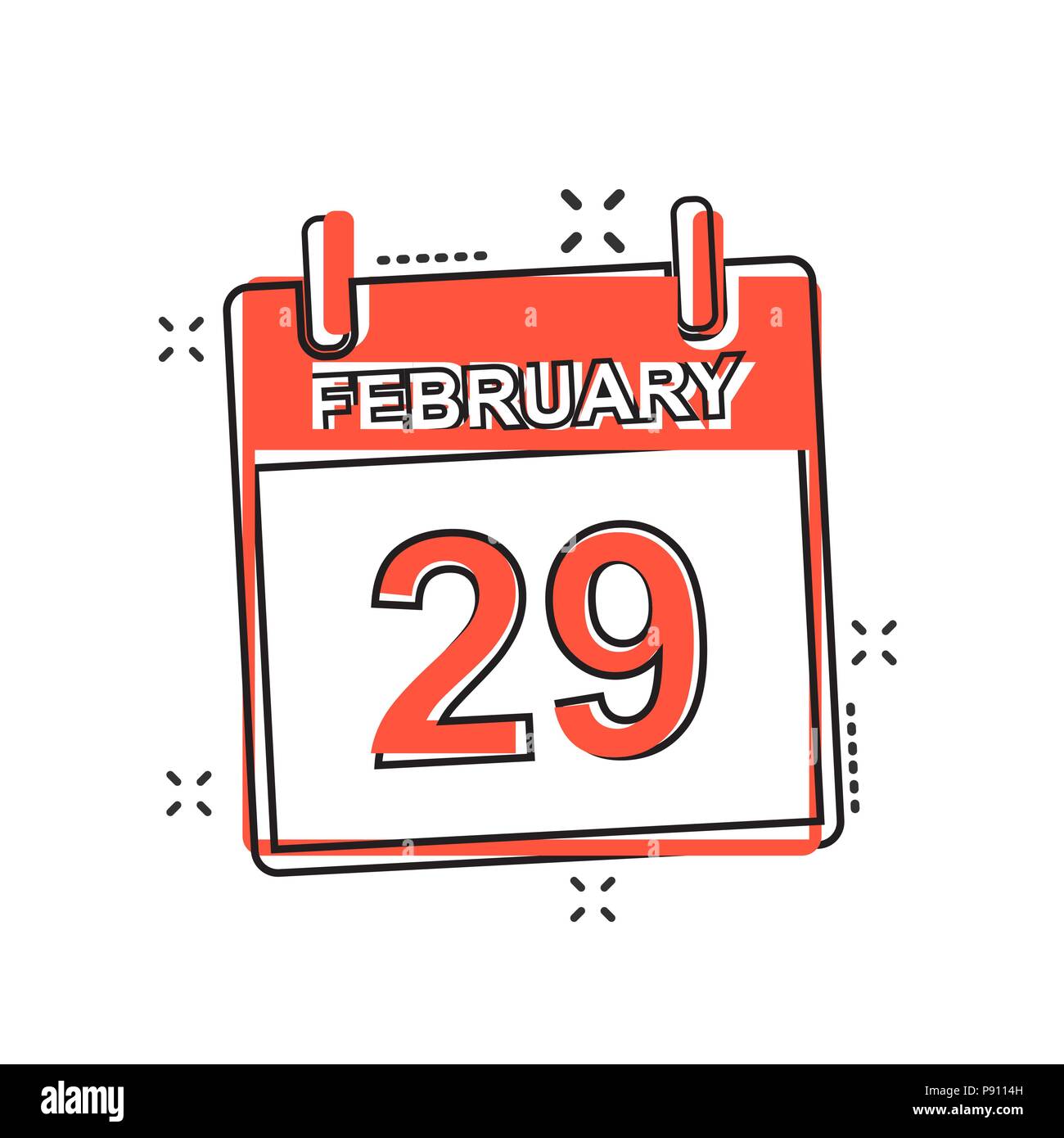 Vector cartoon febbraio 29 icona calendario in stile fumetto. Segno del calendario illustrazione pittogramma. Giorno intercalare agenda business effetto splash concept. Illustrazione Vettoriale