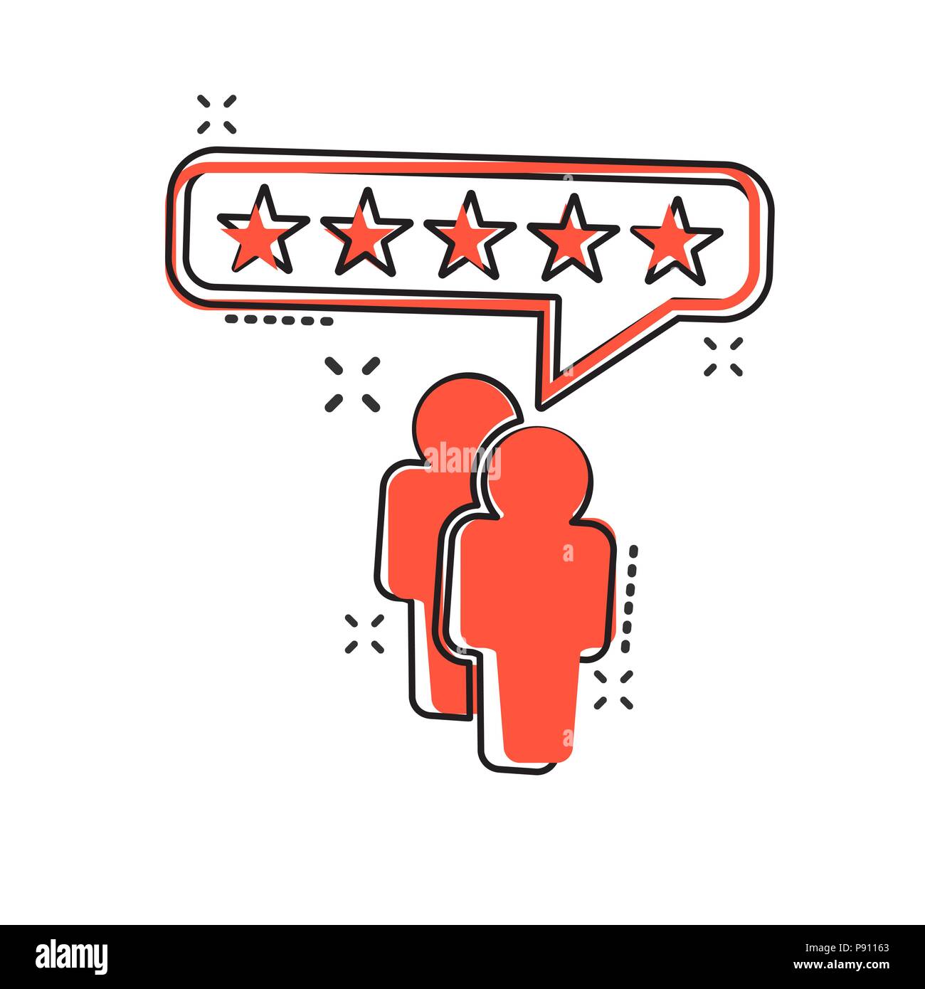 Vector cartoon recensioni dei clienti, feedback utente icona in stile fumetto. Segno di rating illustrazione pittogramma. Stelle business effetto splash concept. Illustrazione Vettoriale