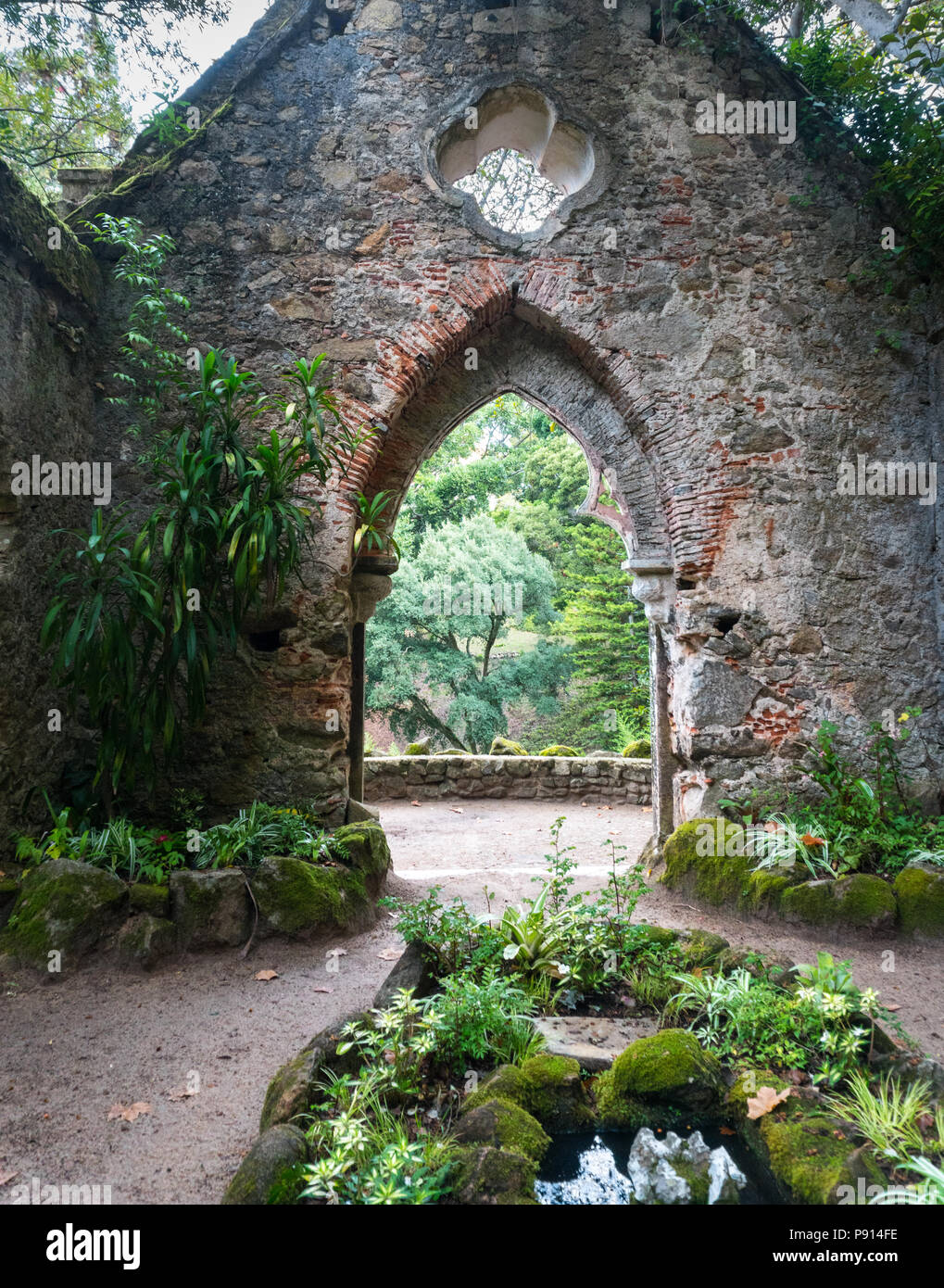 Monserrate Palace Gardens con arcata attraverso la rovina muro di pietra. Foto Stock