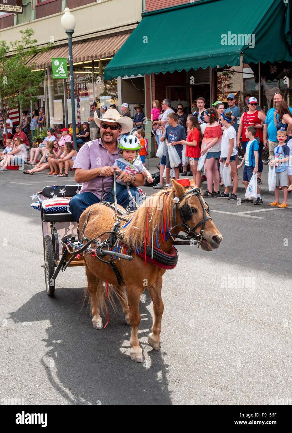 Padre & baby in miniatura cavallo carro; quarto annuale di luglio sfilata nel piccolo paese di montagna di Salida; Colorado; USA Foto Stock