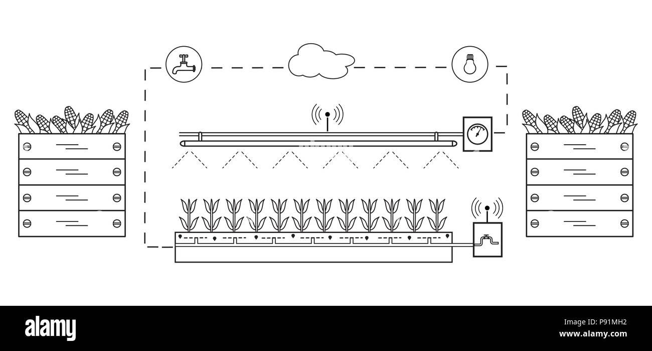 Smart farm e agricoltura. Il monitoraggio e il controllo della temperatura, umidità, luce livello. La coltivazione di piante. Le nuove tecnologie. Resa elevata. Illustrazione Vettoriale