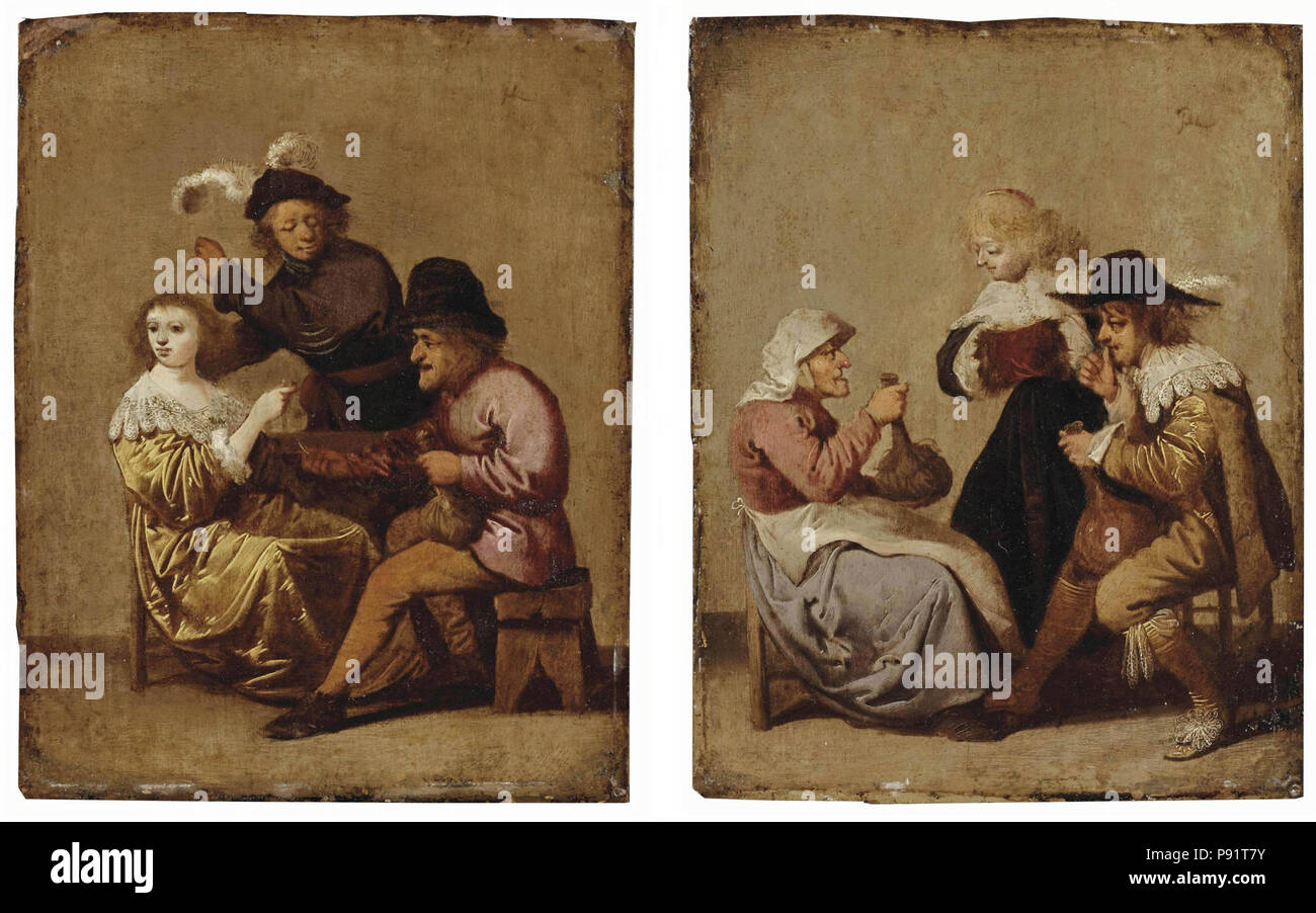 Un contadino potabile corteggia una giovane donna con un arrabbiato giovane gentiluomo vicino; e un gentiluomo di bere con una vecchia donna, una giovane donna nelle vicinanze. Foto Stock