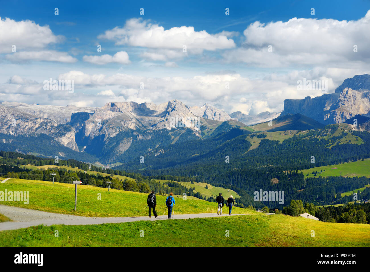 I turisti escursioni in Alpe di Siusi, il più grande ad alta altitudine prato alpino in Europa, incredibili montagne rocciose sullo sfondo. Alto Adige Provincia di Foto Stock