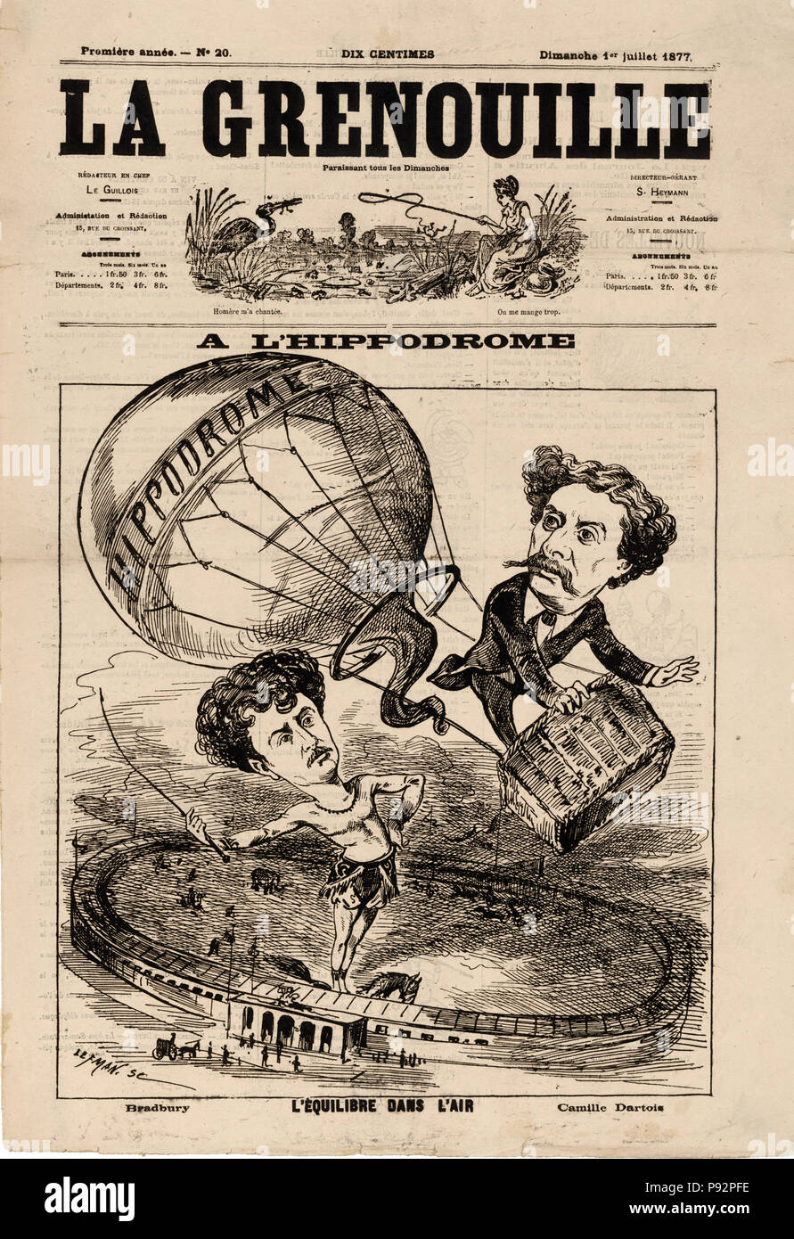 Un lʹhippodrome - l'equilibre dans l'aria - Francese caricatura mostra il balloonist Camille Dartois in un palloncino 1877 Foto Stock