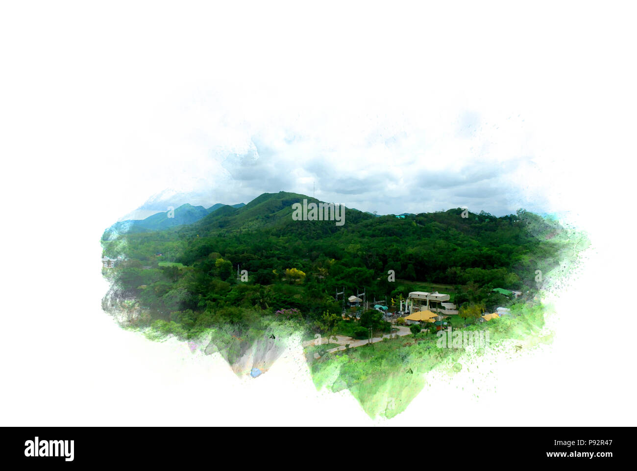 Abstract colorate mountain e campo sul paesaggio acquerello pittura illustrazione dello sfondo. Foto Stock