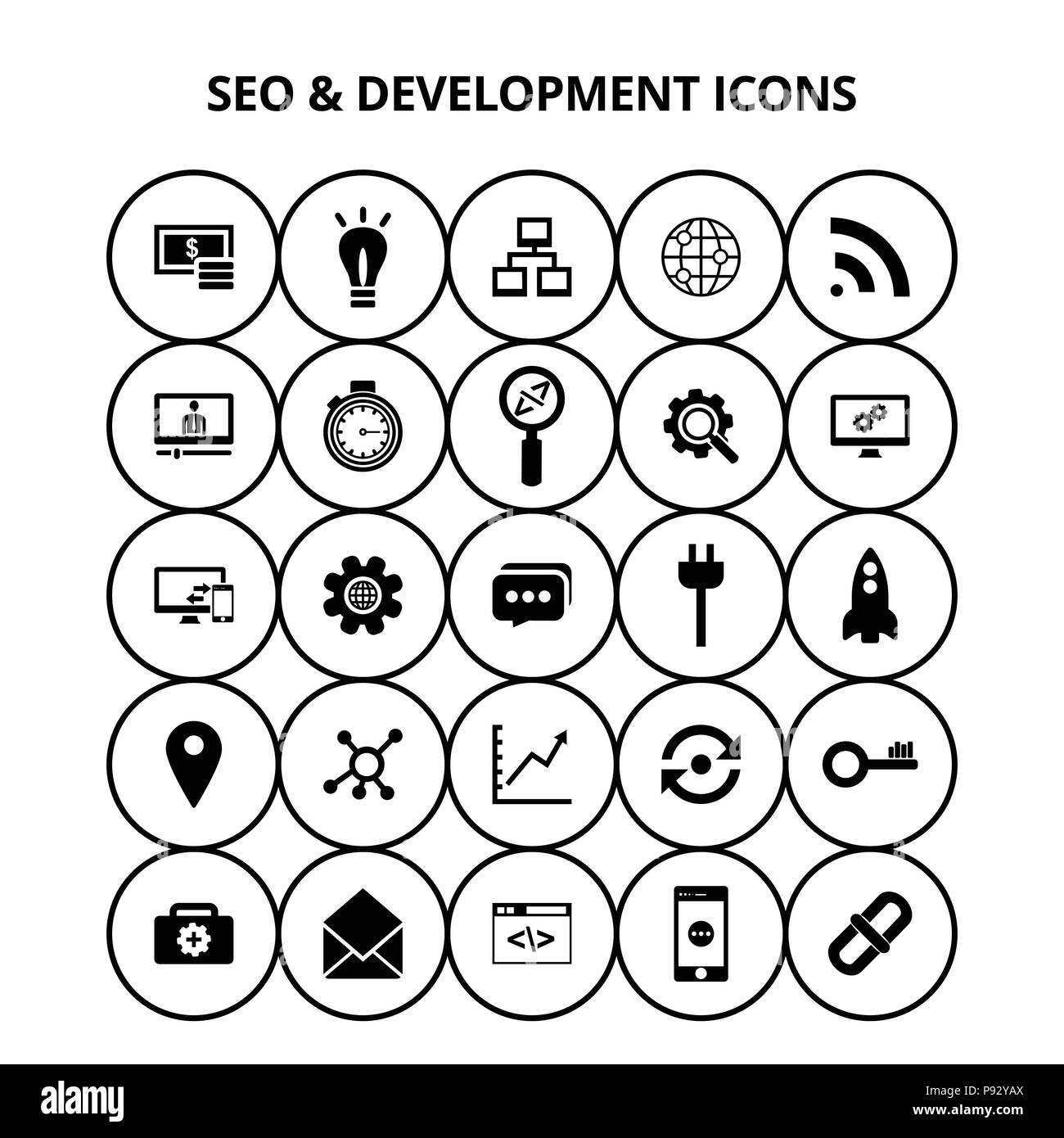 SEO e icone di sviluppo. Per il web design e applicazione di interfaccia, utile anche per infographics. Illustrazione Vettoriale. Illustrazione Vettoriale