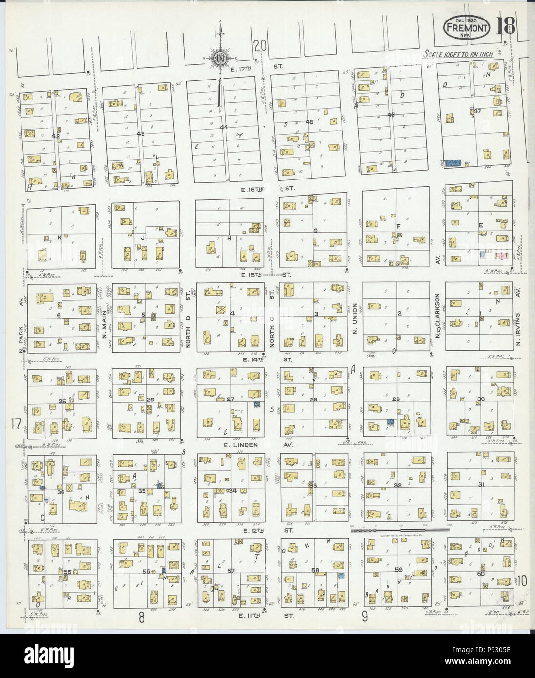 498 Sanborn Assicurazione incendi mappa da Fremont, Dodge County, Nebraska. LOC sanborn05183 008-18 Foto Stock