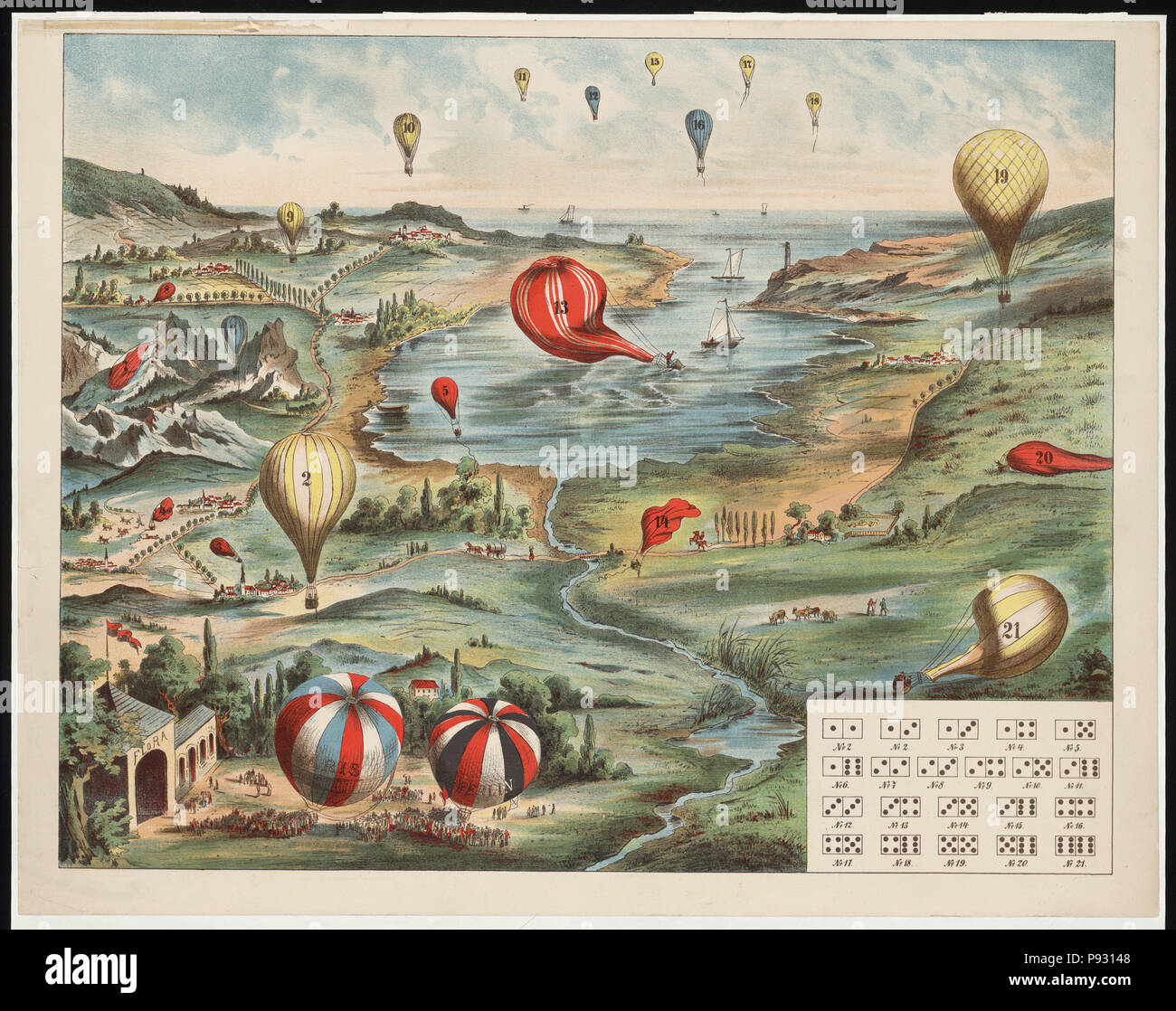 Gameboard mostra un paesaggio variegato e waterfront riempita con 21 palloncini numerati. Il grafico a destra ha 17 diverse combinazioni di numeri su una coppia di dadi. 1880-1910 Foto Stock
