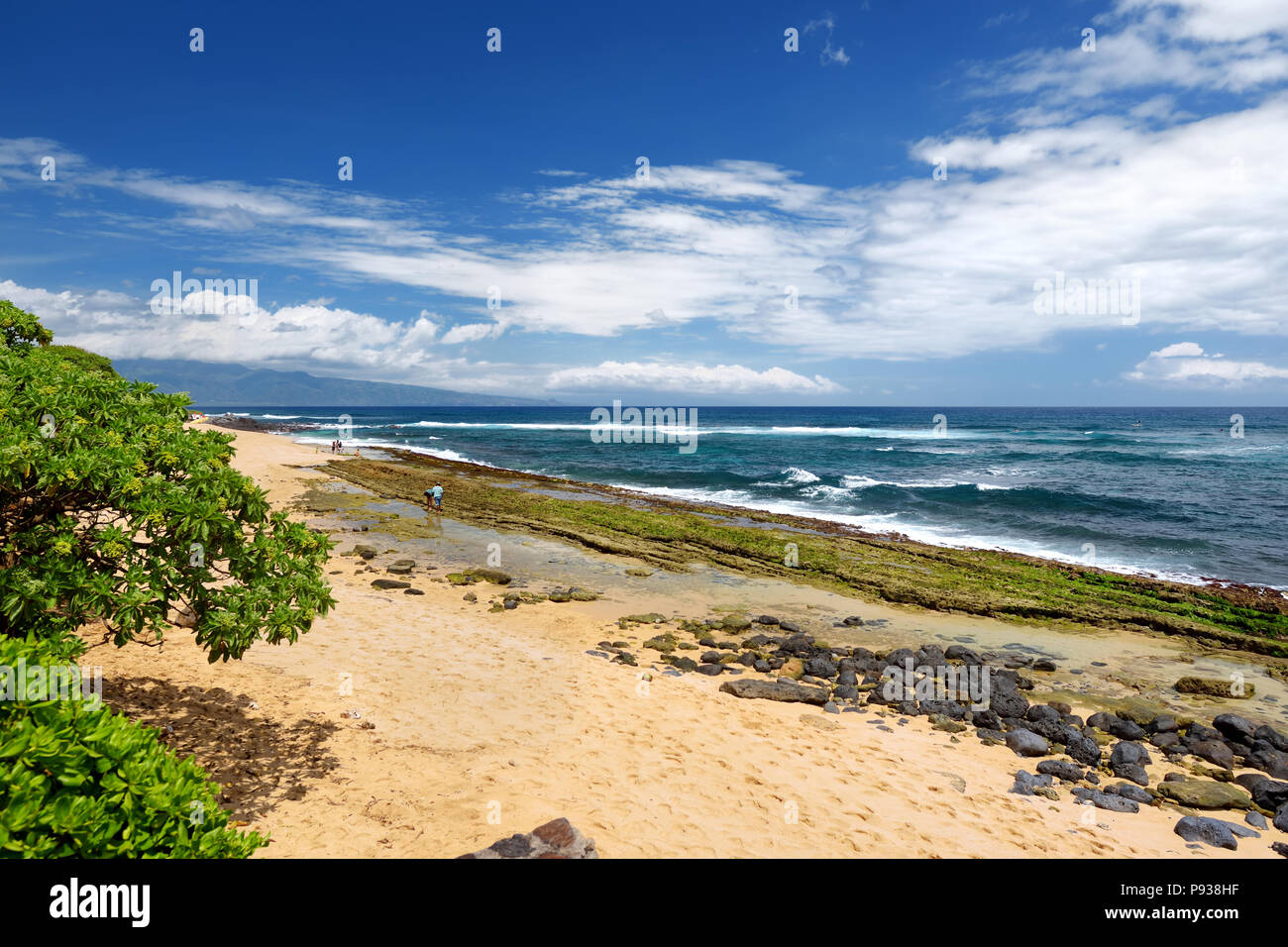 Famoso Hookipa beach surf spot riempita con una spiaggia di sabbia bianca, aree per picnic e padiglioni. Maui, Hawaii, Stati Uniti d'America. Foto Stock