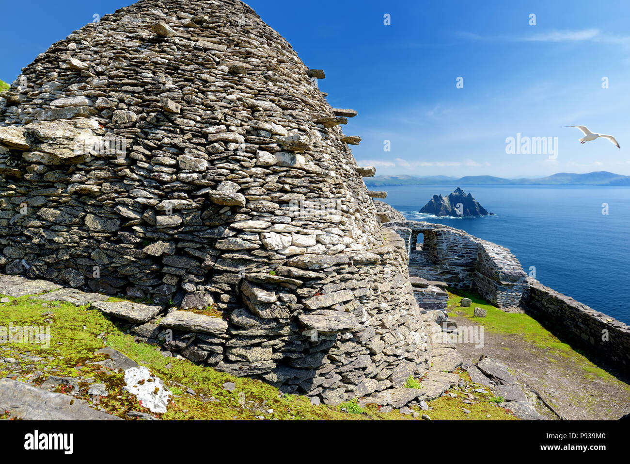 Skellig Michael o grande Skellig, home per la rovina i resti di un monastero cristiano. Abitata dalla varietà di uccelli marini, comprese le sule e pulcinelle di mare Foto Stock