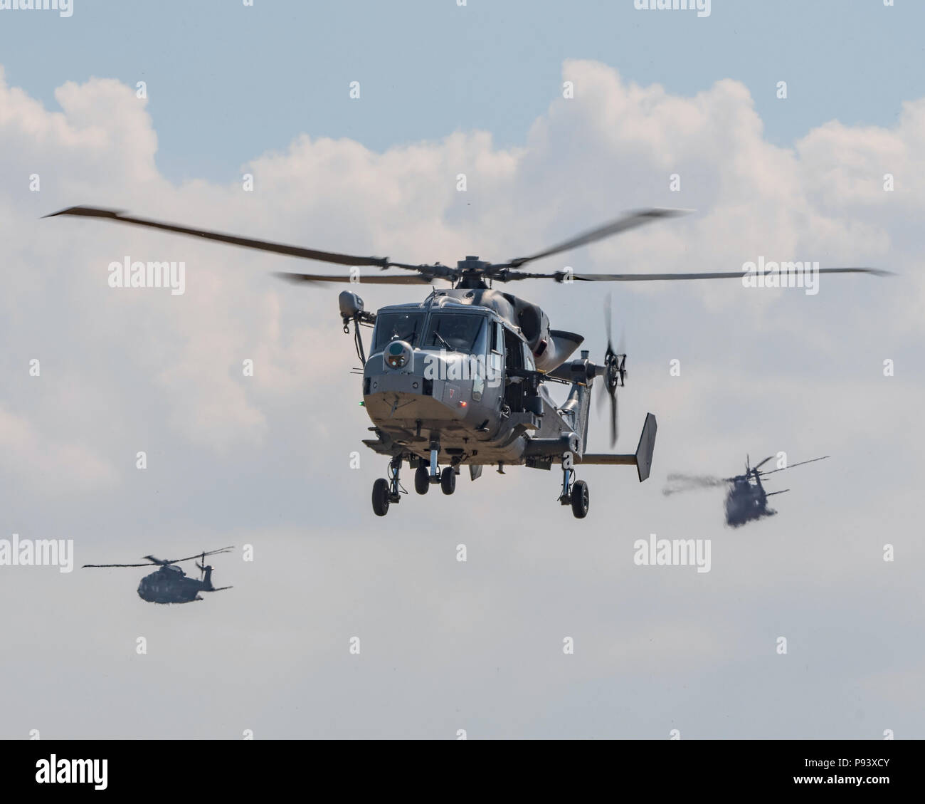 Wildcat e elicotteri Merlin prendendo parte al commando assalto a Yeovilton aria giorno, RNAS Yeovilton, nel Regno Unito il 7 luglio 2018. Foto Stock