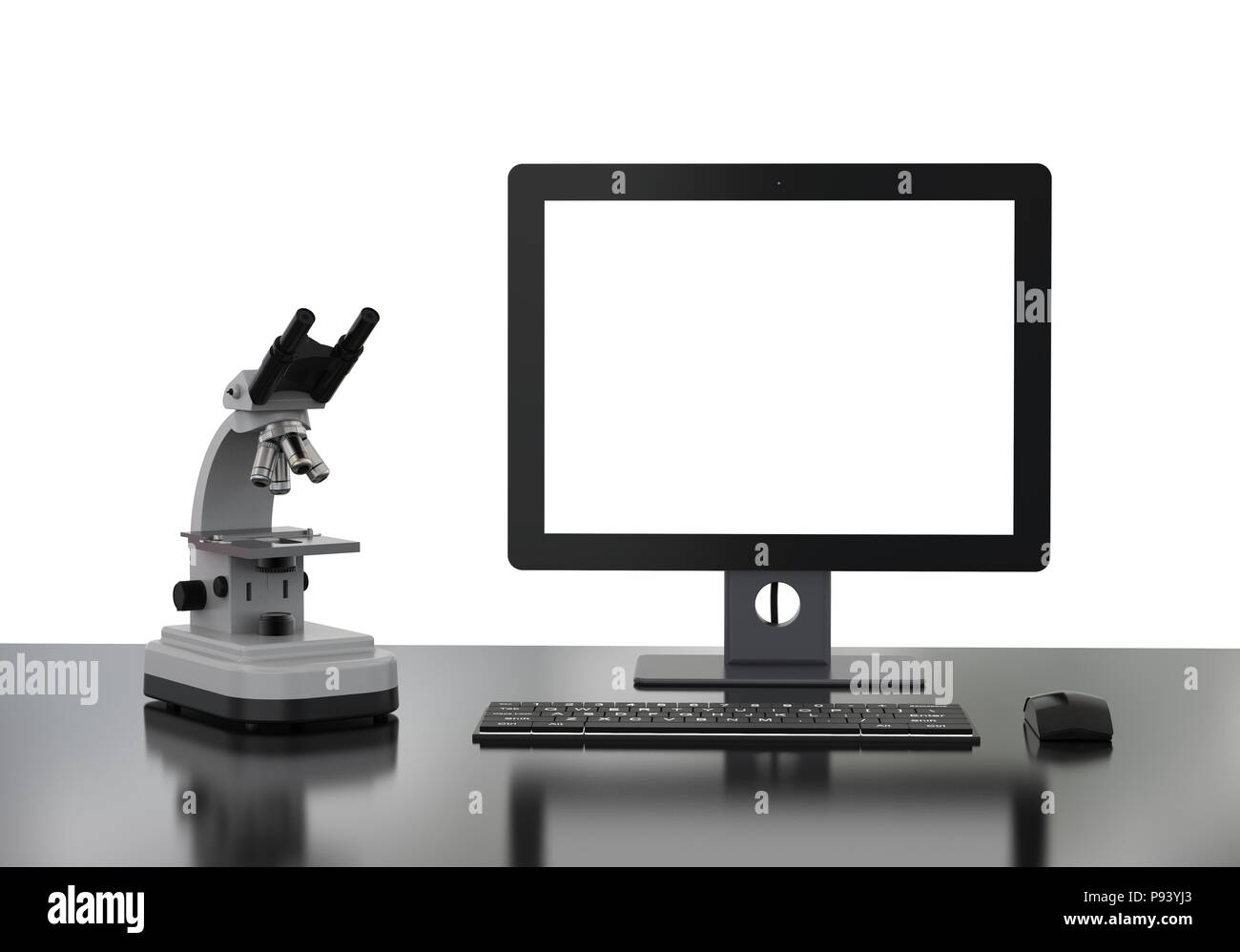 3D rendering microscopio o strumento ottico con monitor in bianco su sfondo bianco Foto Stock