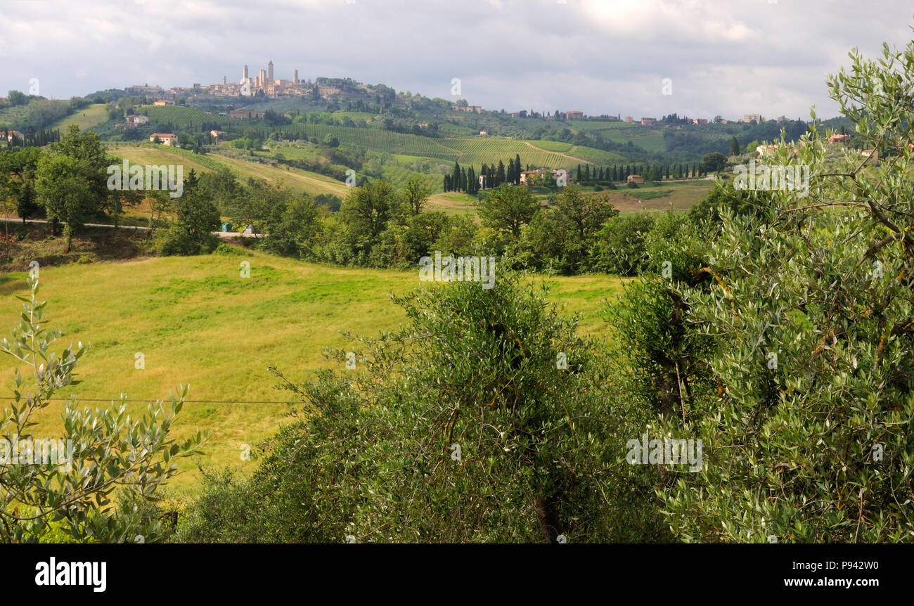 Una vista in lontananza San Gimignano in Toscana, Italia Foto Stock