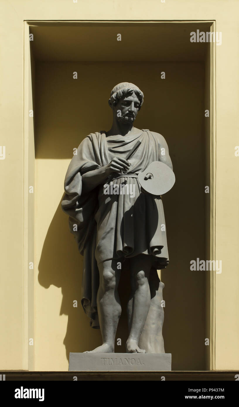 Antico pittore romano Timanoa. Statua sulla facciata del palazzo del Nuovo Hermitage progettato dal tedesco architetto neoclassico Leo von Klenze a San Pietroburgo, Russia. Foto Stock
