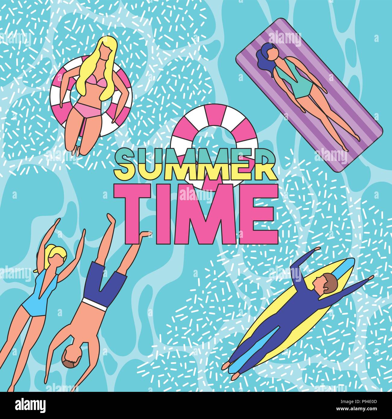 Estate vacanze ragazzi godendo ocean galleggianti tavola da surf sdraiato acqua illustrazione vettoriale Illustrazione Vettoriale