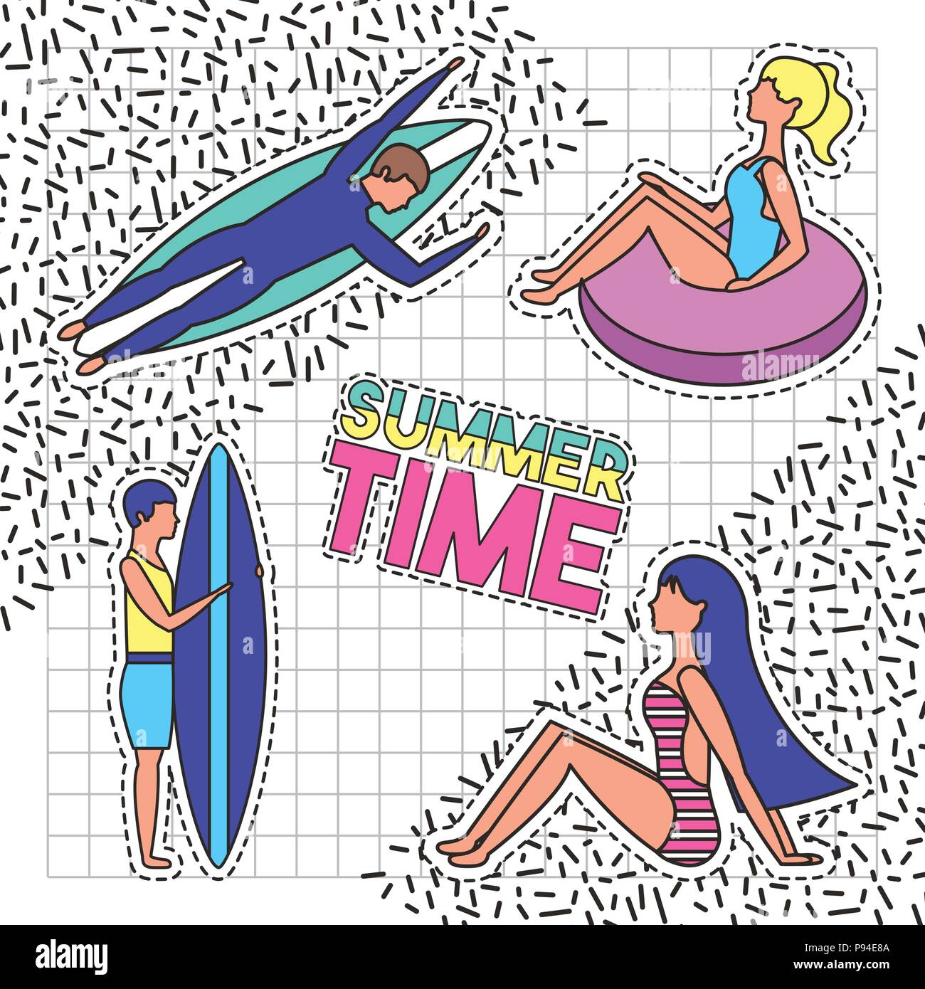 Estate vacanze ragazzi punteggiata godendo di tavola da surf segno illustrazione vettoriale Illustrazione Vettoriale
