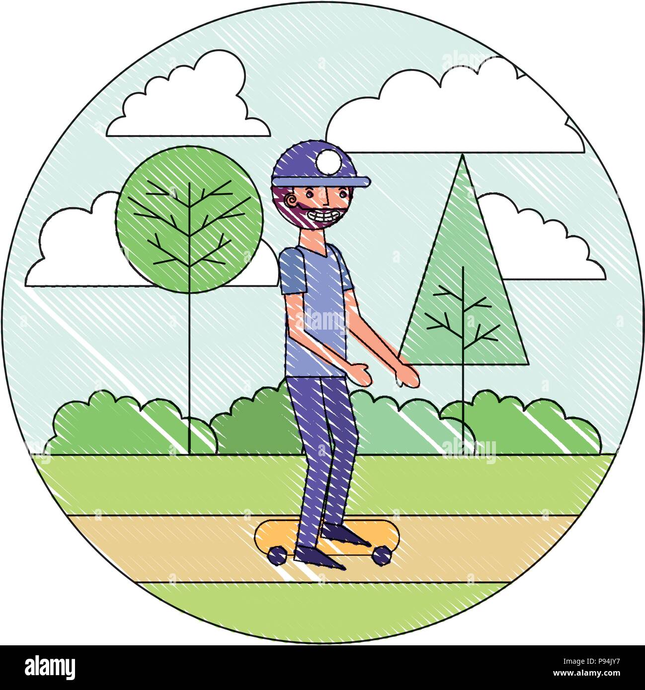 Barba uomo praticare lo skateboard nel parco illustrazione vettoriale disegno Illustrazione Vettoriale