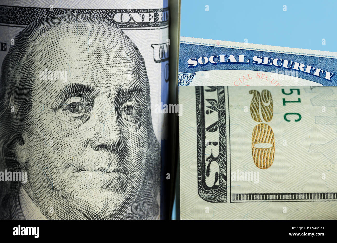 Tessera di previdenza sociale alle spalle di Benjamin Franklin su 100 US dollar nota Foto Stock