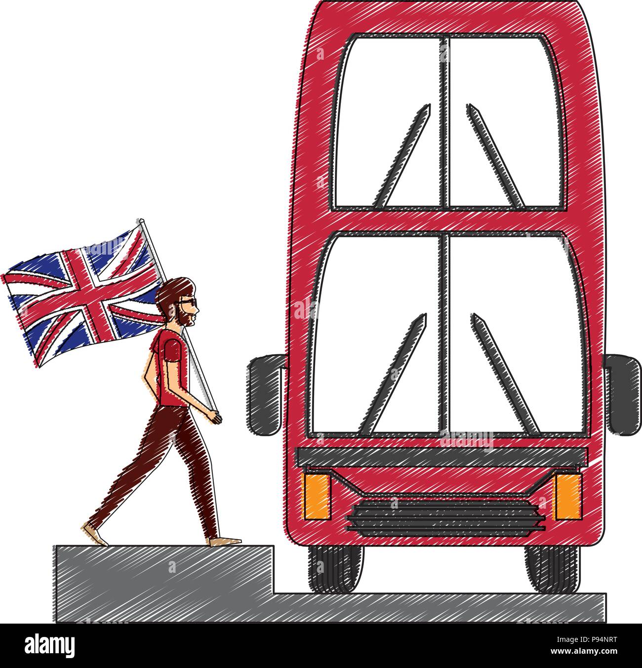 Uomo con bandiera Inghilterra Londra double decker bus Illustrazione Vettoriale