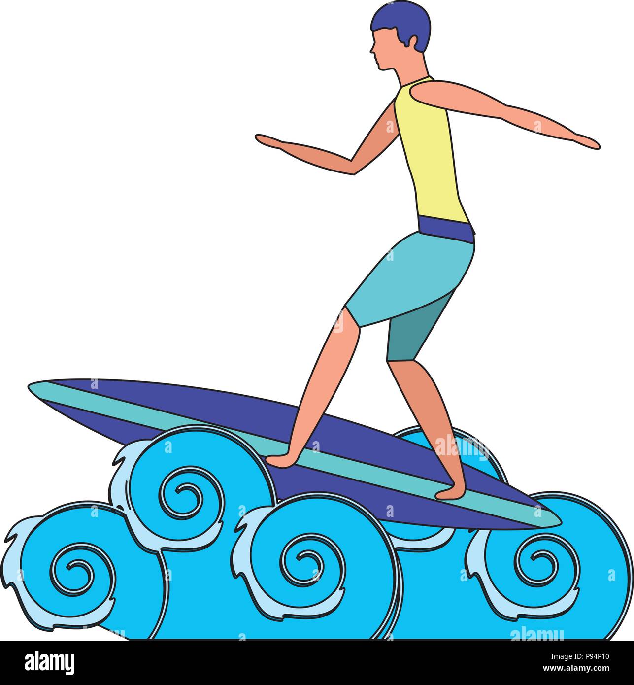 Uomo che cavalca le tavole da surf in oceano onde Illustrazione Vettoriale