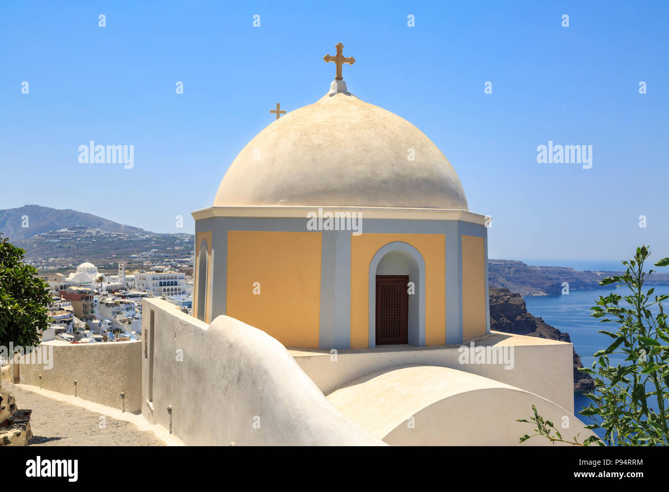 Cattolica di San Stylianos chiesa a Thira, Santorini, Grecia Foto Stock