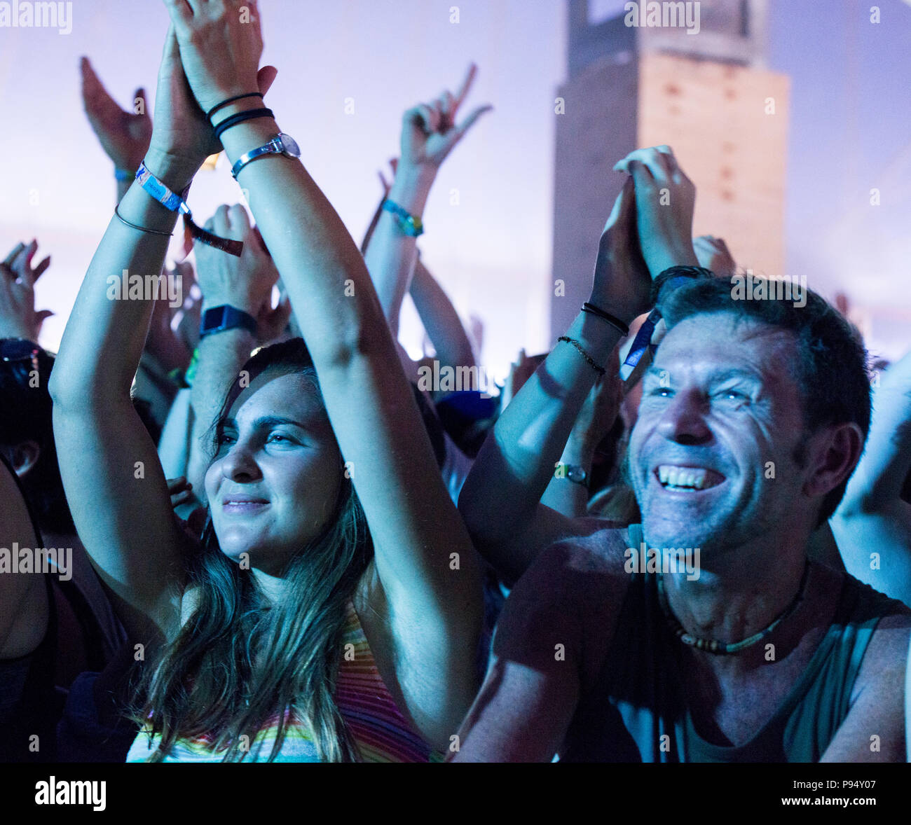 Folla entusiasta a un concerto a sorpresa da Liam Gallagher a Latitude Festival, Henham Park, Suffolk, Inghilterra, 14 luglio, 2018 Foto Stock
