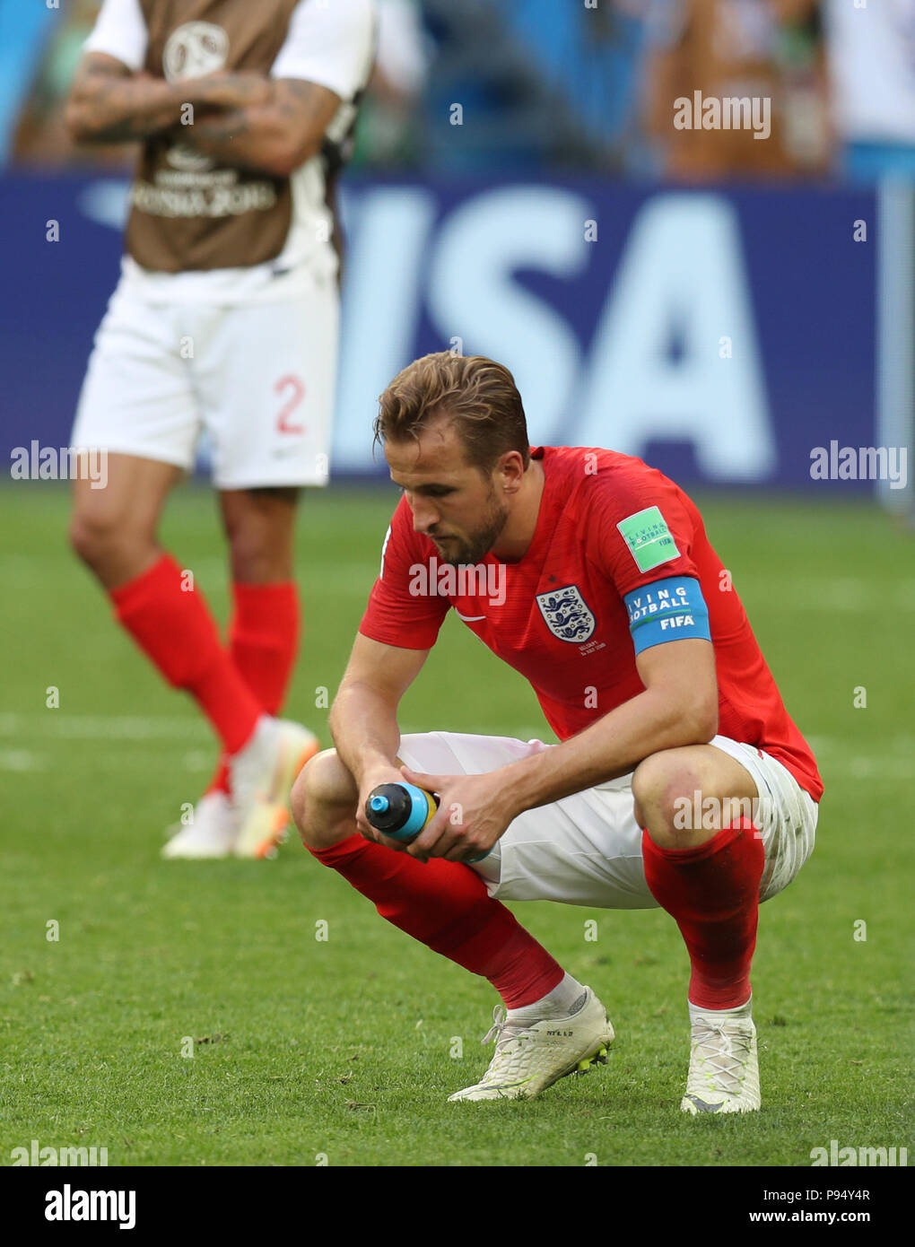 San Pietroburgo, Russia. 14 Luglio, 2018. Harry Kane di Inghilterra reagisce dopo il 2018 FIFA World Cup terzo posto play-off match tra Inghilterra e Belgio a San Pietroburgo, Russia, luglio 14, 2018. Il Belgio ha sconfitto Inghilterra 2-0 ed ha conquistato il terzo posto del 2018 FIFA World Cup. Credito: Lu Jinbo/Xinhua/Alamy Live News Credito: Xinhua/Alamy Live News Foto Stock