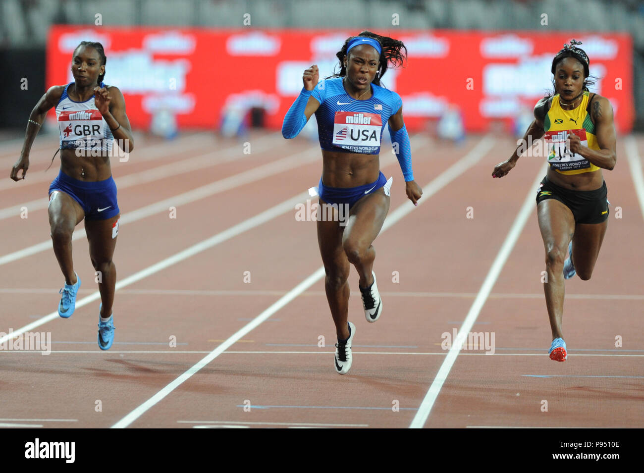 Londra, Regno Unito. 14 Luglio, 2018. Ashley Henderson vince il femminile 100 metri battendo il campione olimpico Elaine Thompson in un tempo di 11,07 secondi. Credito: Nigel Bramley/Alamy Live News Foto Stock