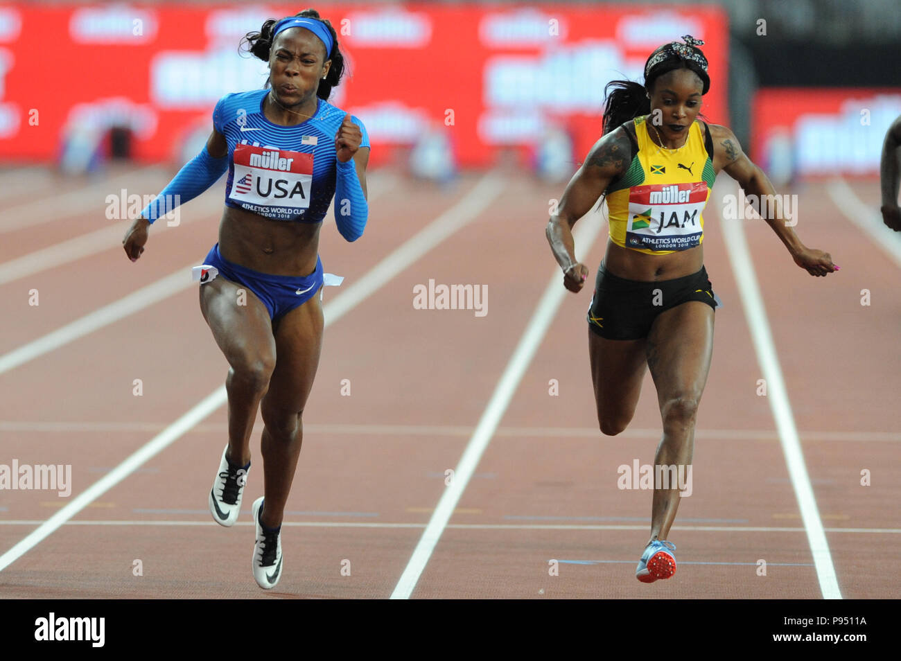 Londra, Regno Unito. 14 Luglio, 2018. Ashley Henderson vince il femminile 100 metri battendo il campione olimpico Elaine Thompson in un tempo di 11,07 secondi. Credit Nigel Bramley Credito: Nigel Bramley/Alamy Live News Foto Stock