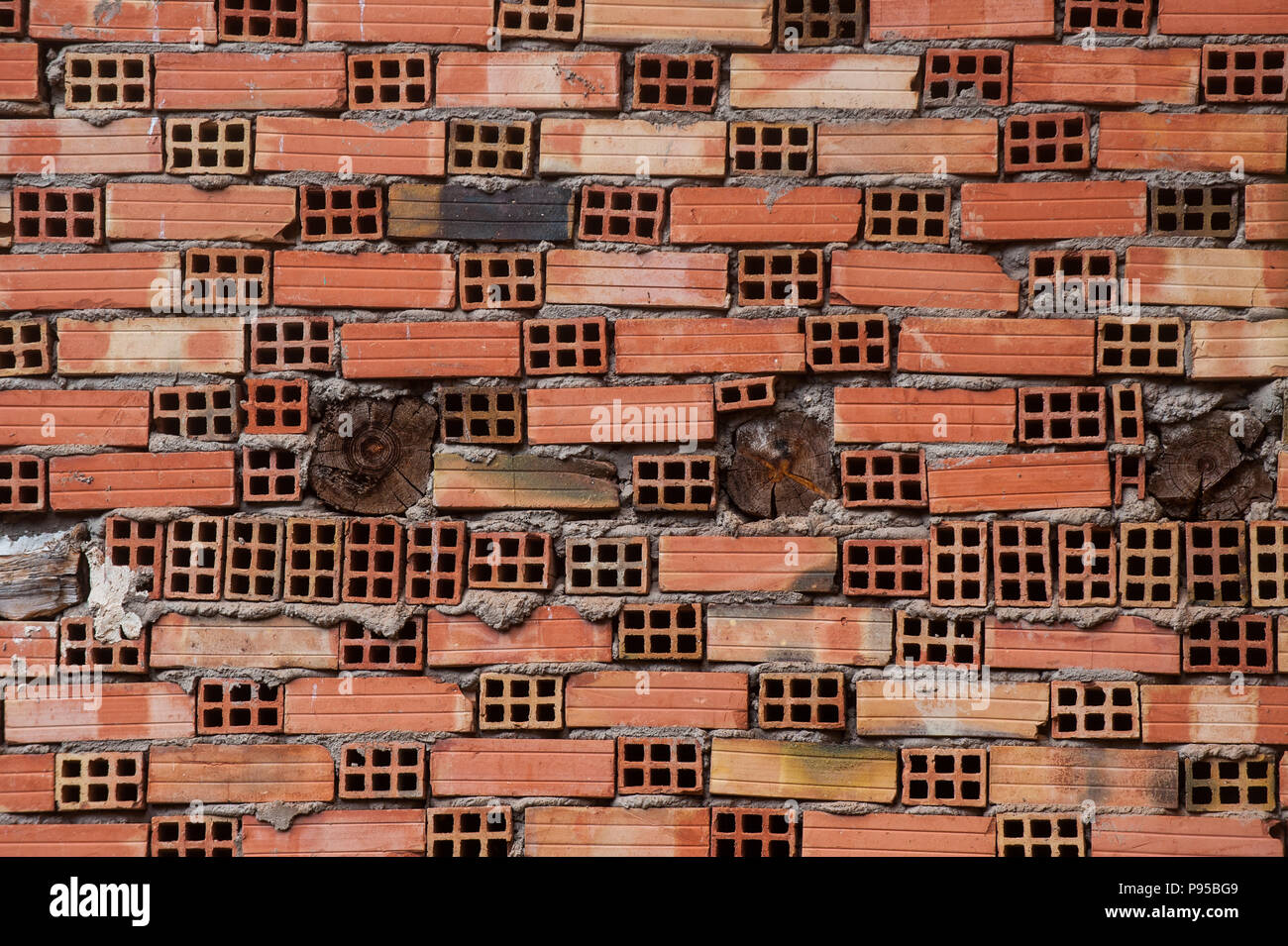 Sullo sfondo di un muro di mattoni di colore arancione Foto Stock