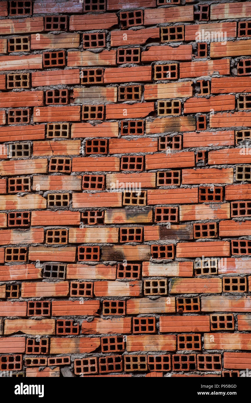 Sullo sfondo di un muro di mattoni di colore arancione Foto Stock