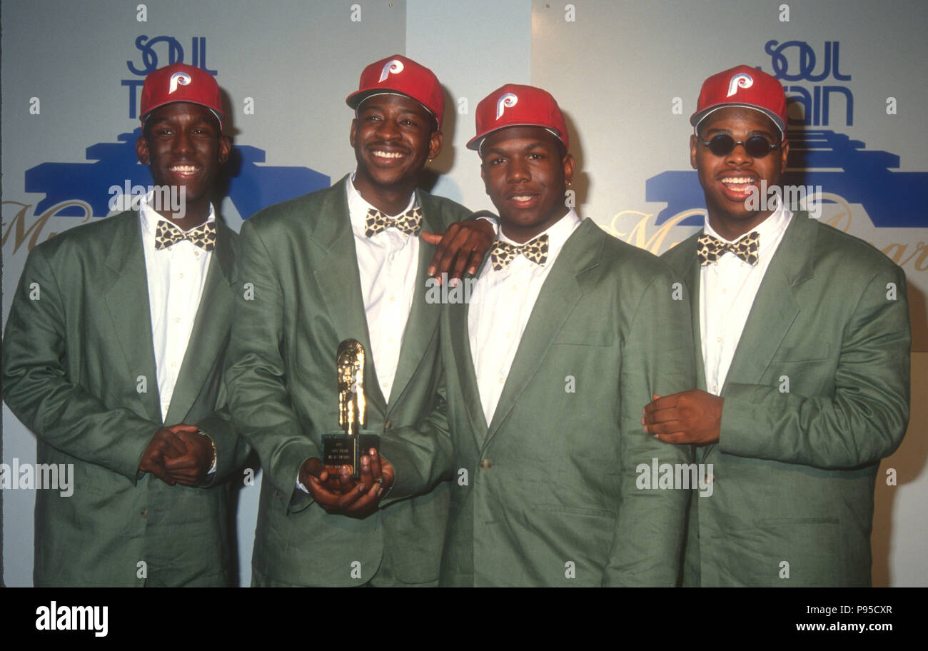 LOS ANGELES, CA - MARZO 10: Boyz II Men group assistere al sesto annuale di Soul Train Music Awards il 10 marzo 1992 presso lo Shrine Auditorium di Los Angeles, California. Foto di Barry re/Alamy Stock Photo Foto Stock