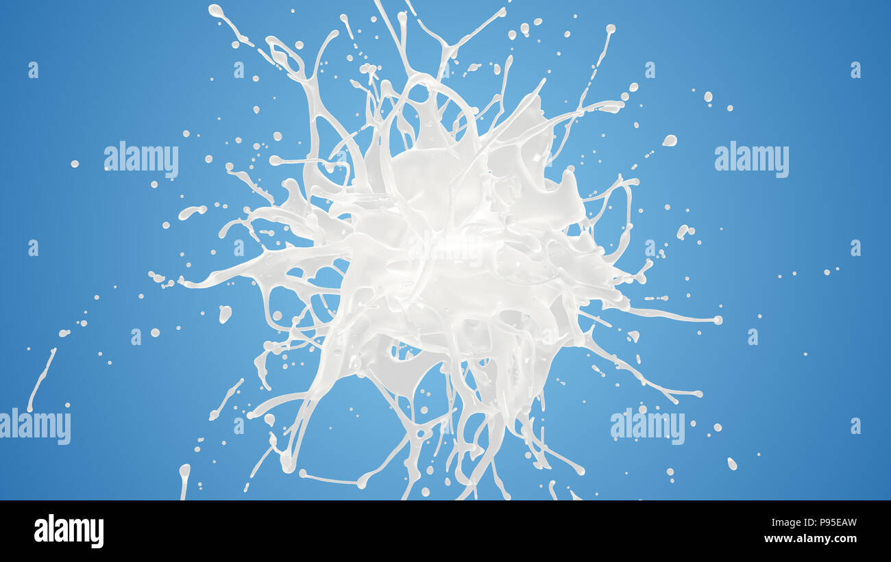 Latte o yogurt esplosione in slow motion. 3D illustrazione di bianco panna liquida scende splash isolato sul blu. 4K bianco brillante e blu elemento di design Foto Stock