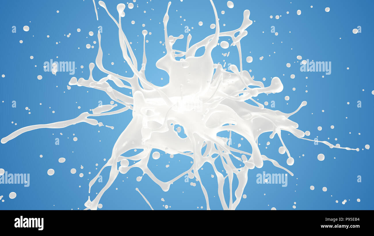 Latte o yogurt esplosione in slow motion. 3D illustrazione di bianco panna liquida scende splash isolato sul blu. 4K bianco brillante e blu elemento di design Foto Stock
