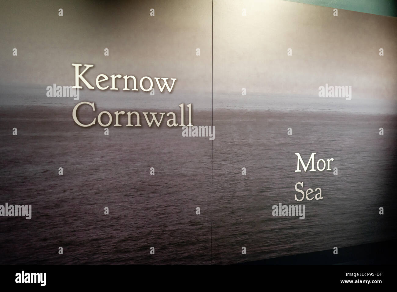 Cornish lingua su un display poster in una fiera in Cornovaglia, Cornwall concetto, England, Regno Unito Foto Stock